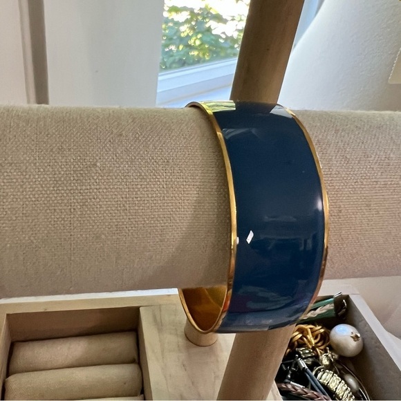 J. CREW Blue Enamel Bangle BRACELET 1.5” Wide Gold Toned Trim Classic Preppy - Picture 2 of 9